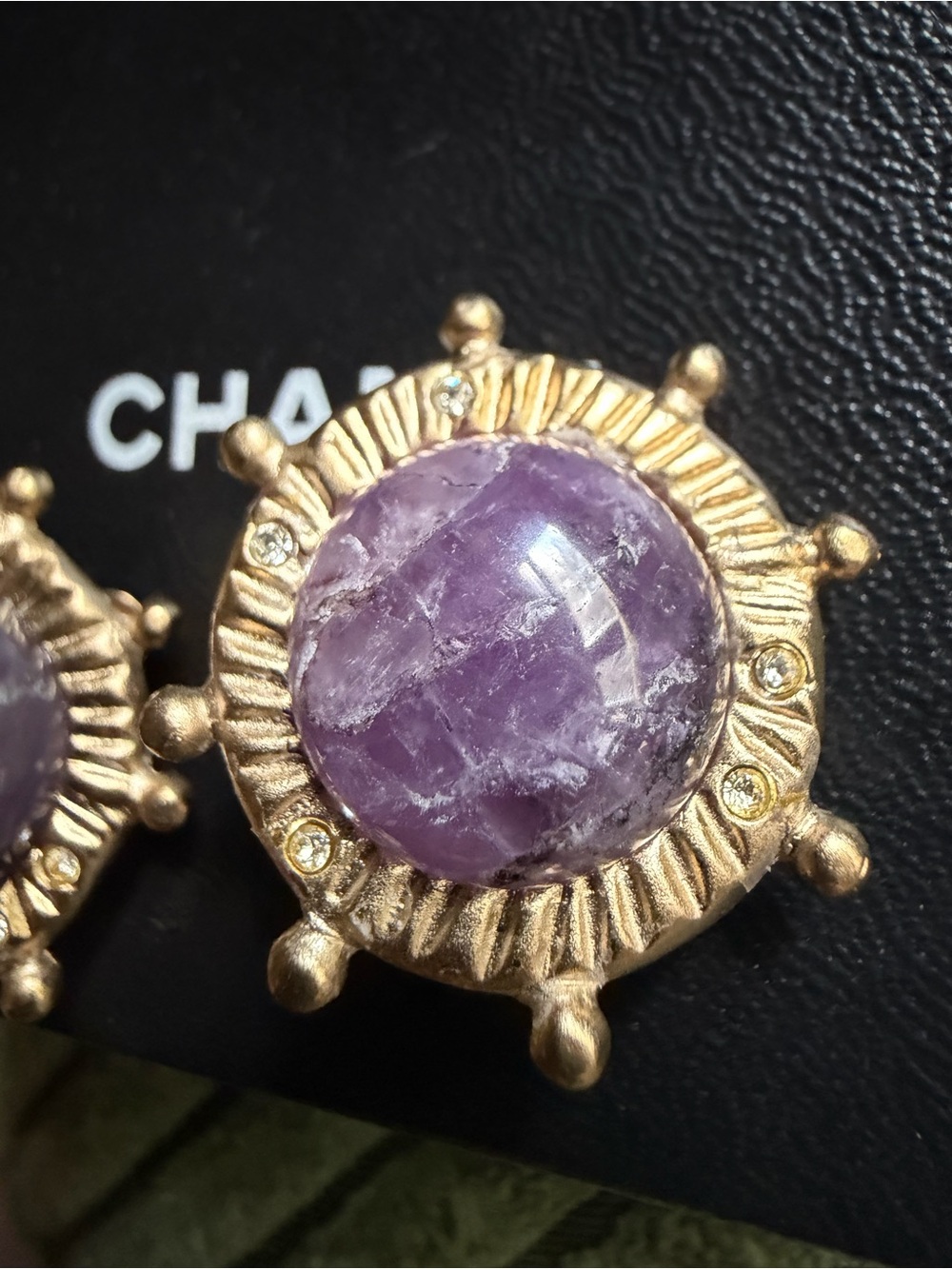 CHANEL Gold-Tone Earrings with Purple Cabochon Centers - Picture 2 of 4